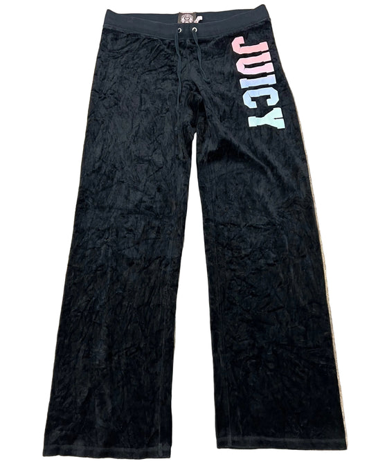 Vintage Juicy Couture Black Velour Rainbow Ombre Logo Track Pants Y2K Size Medium