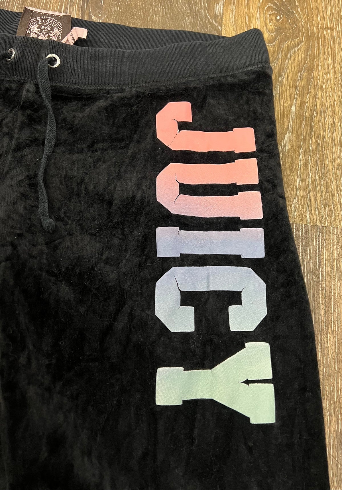 Vintage Juicy Couture Black Velour Rainbow Ombre Logo Track Pants Y2K Size Medium