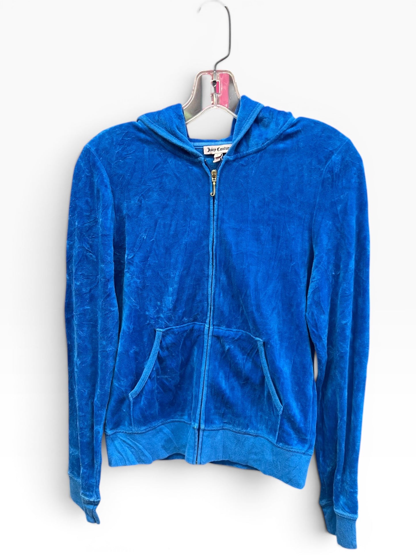 Vintage Juicy Couture Y2K Velour Zip Hoodie Blue Crest Logo Size L (SKU004)