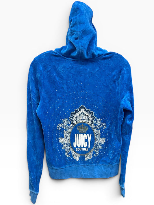 Vintage Juicy Couture Y2K Velour Zip Hoodie Blue Crest Logo Size L (SKU004)