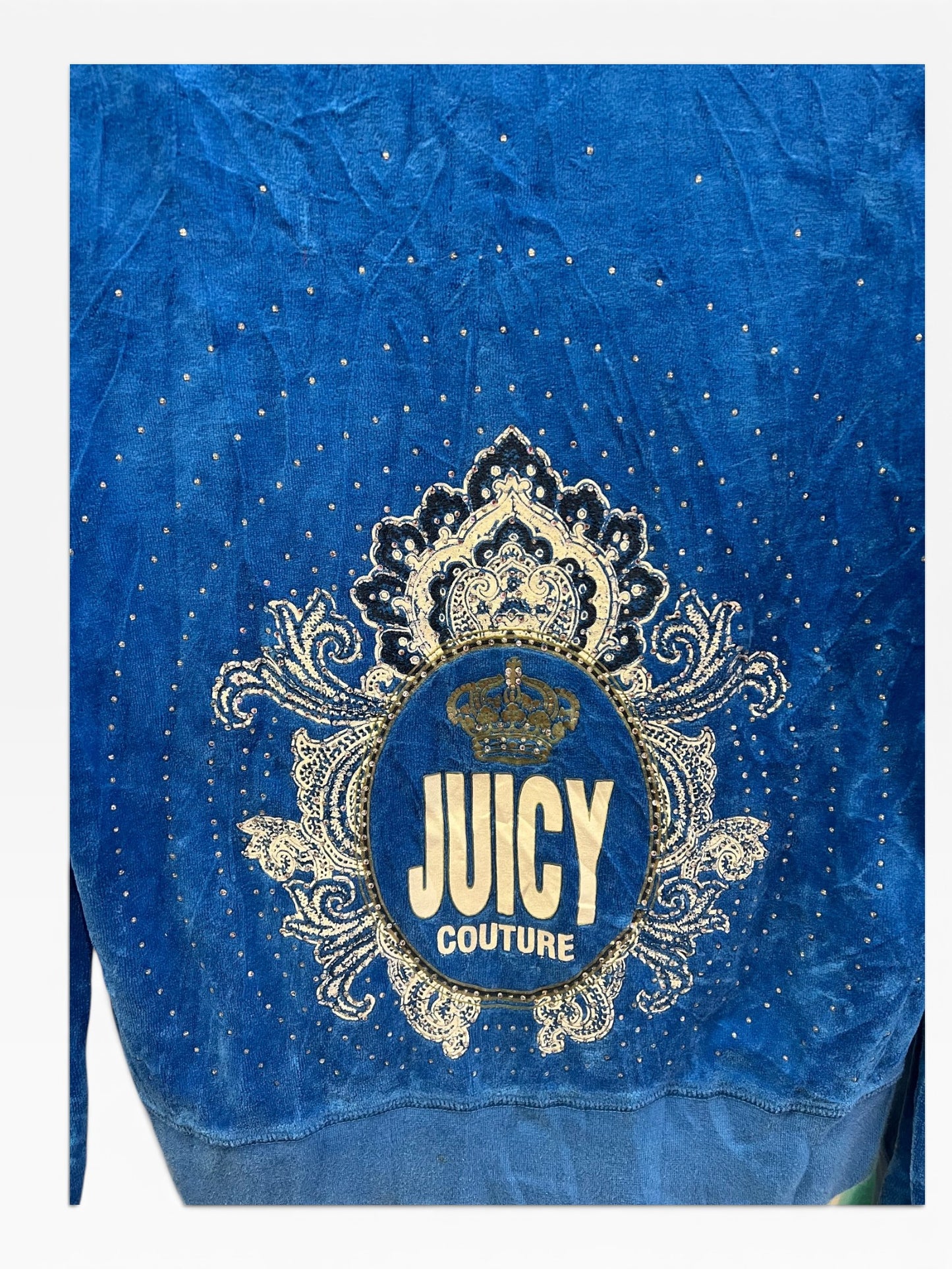 Vintage Juicy Couture Y2K Velour Zip Hoodie Blue Crest Logo Size L (SKU004)