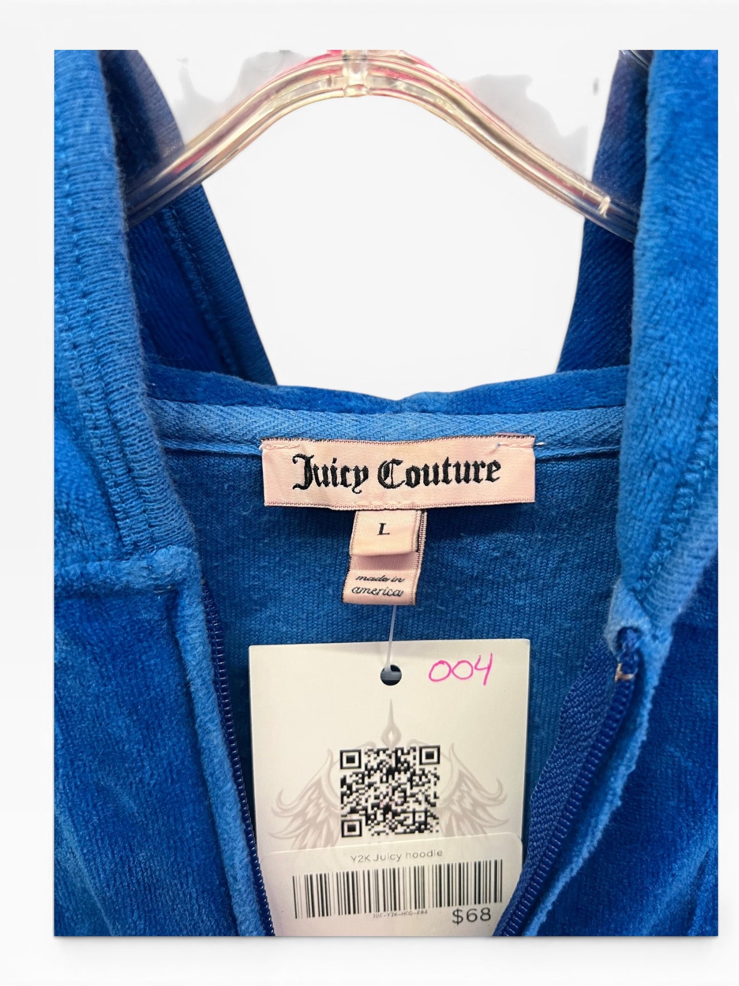 Vintage Juicy Couture Y2K Velour Zip Hoodie Blue Crest Logo Size L (SKU004)