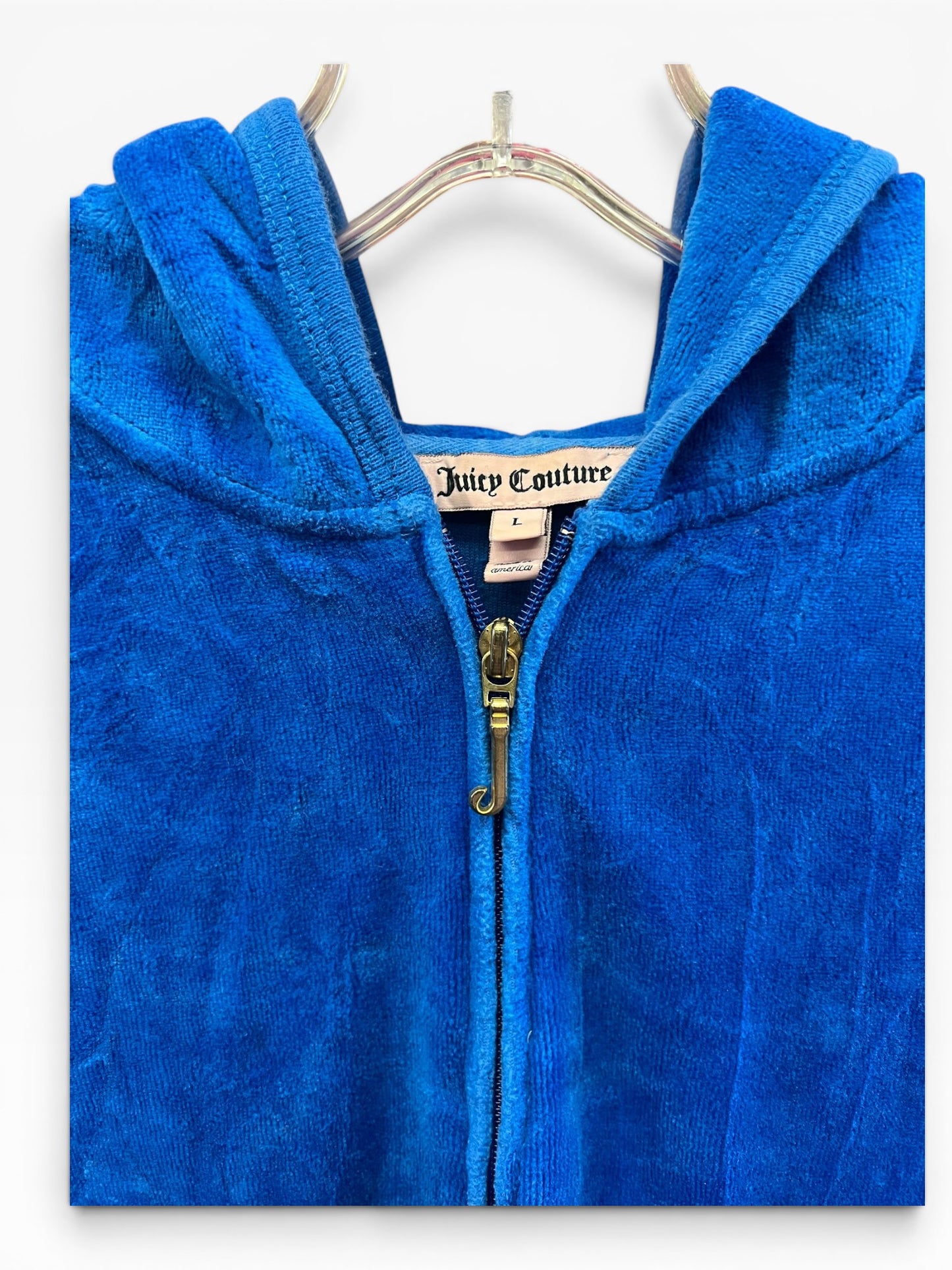Vintage Juicy Couture Y2K Velour Zip Hoodie Blue Crest Logo Size L (SKU004)