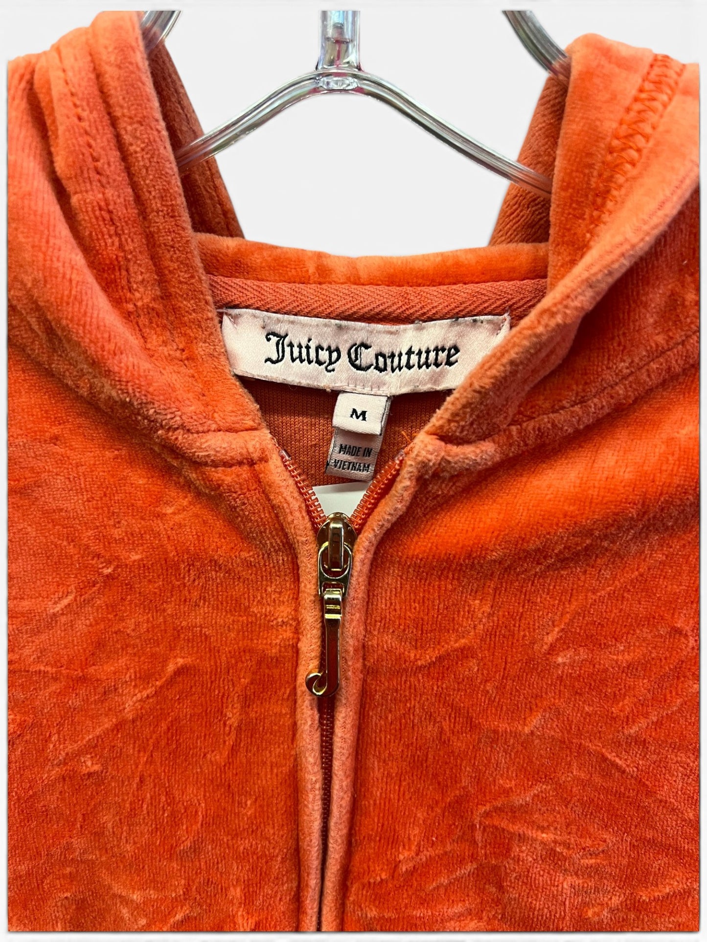 Vintage Juicy Couture Y2K Velour Zip Hoodie Orange Crest Graphic Size M (SKU005)