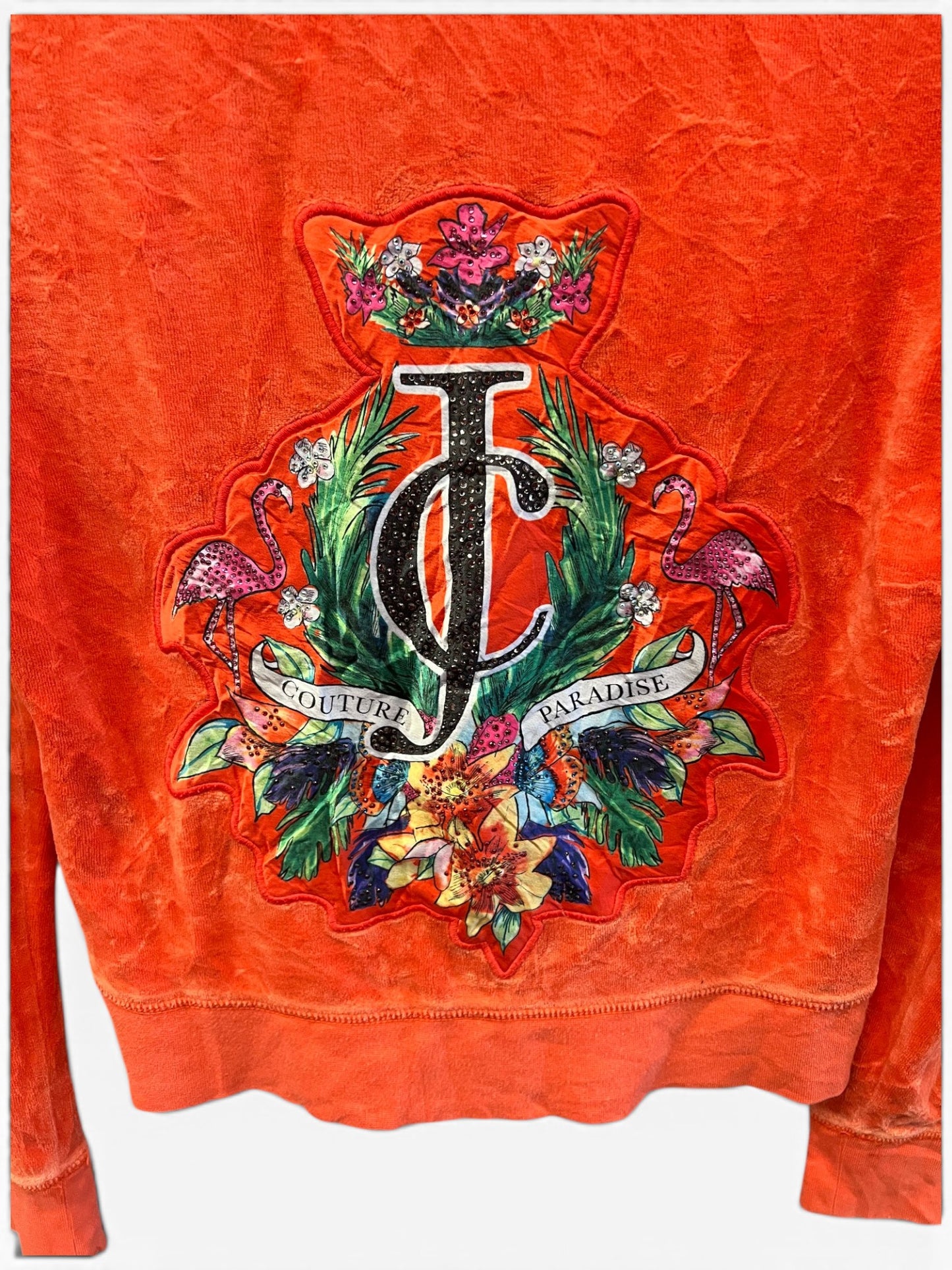 Vintage Juicy Couture Y2K Velour Zip Hoodie Orange Crest Graphic Size M (SKU005)