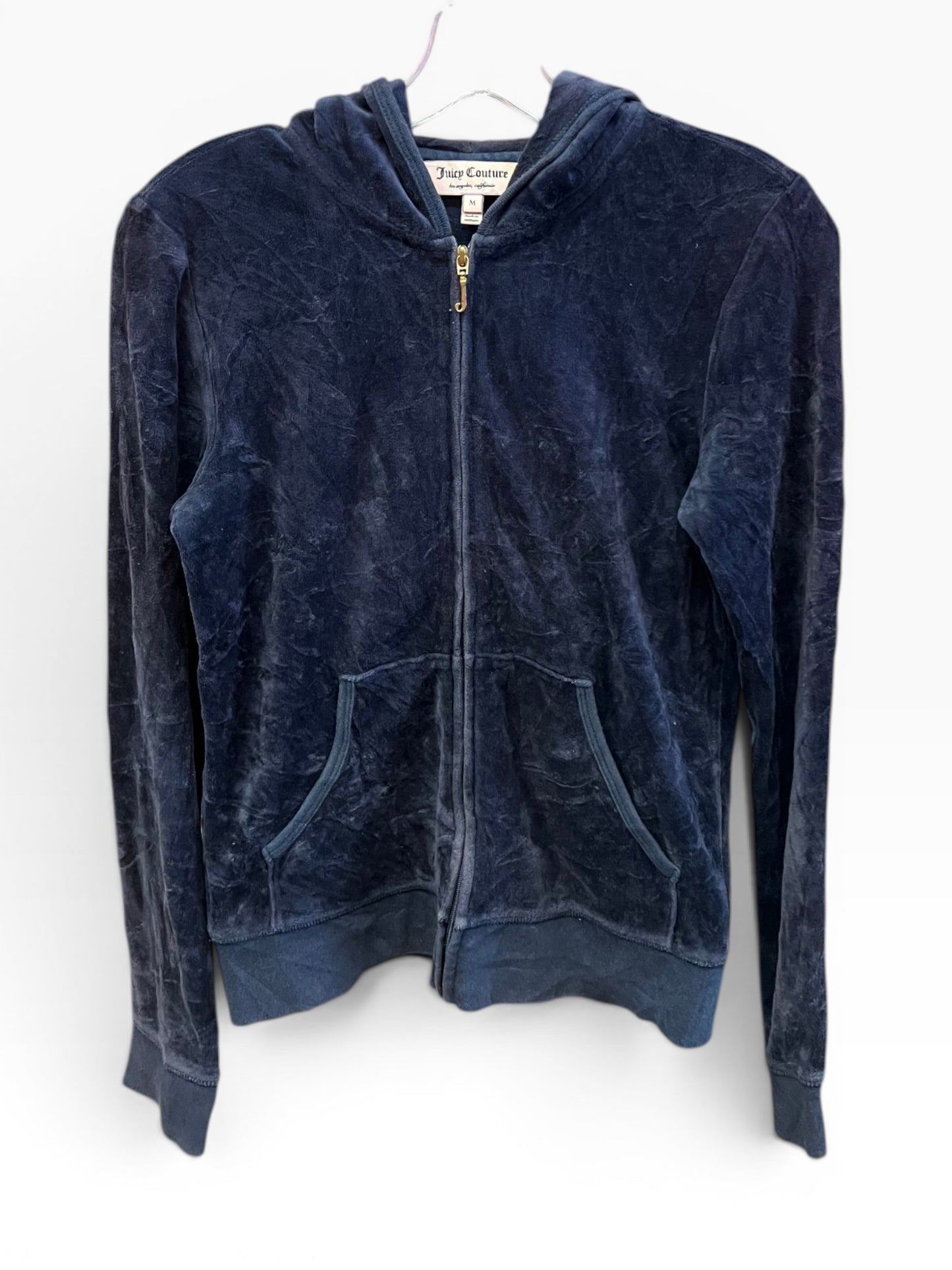 Vintage Juicy Couture Y2K Velour Zip Hoodie Navy Crest Logo Size M (SKU006)