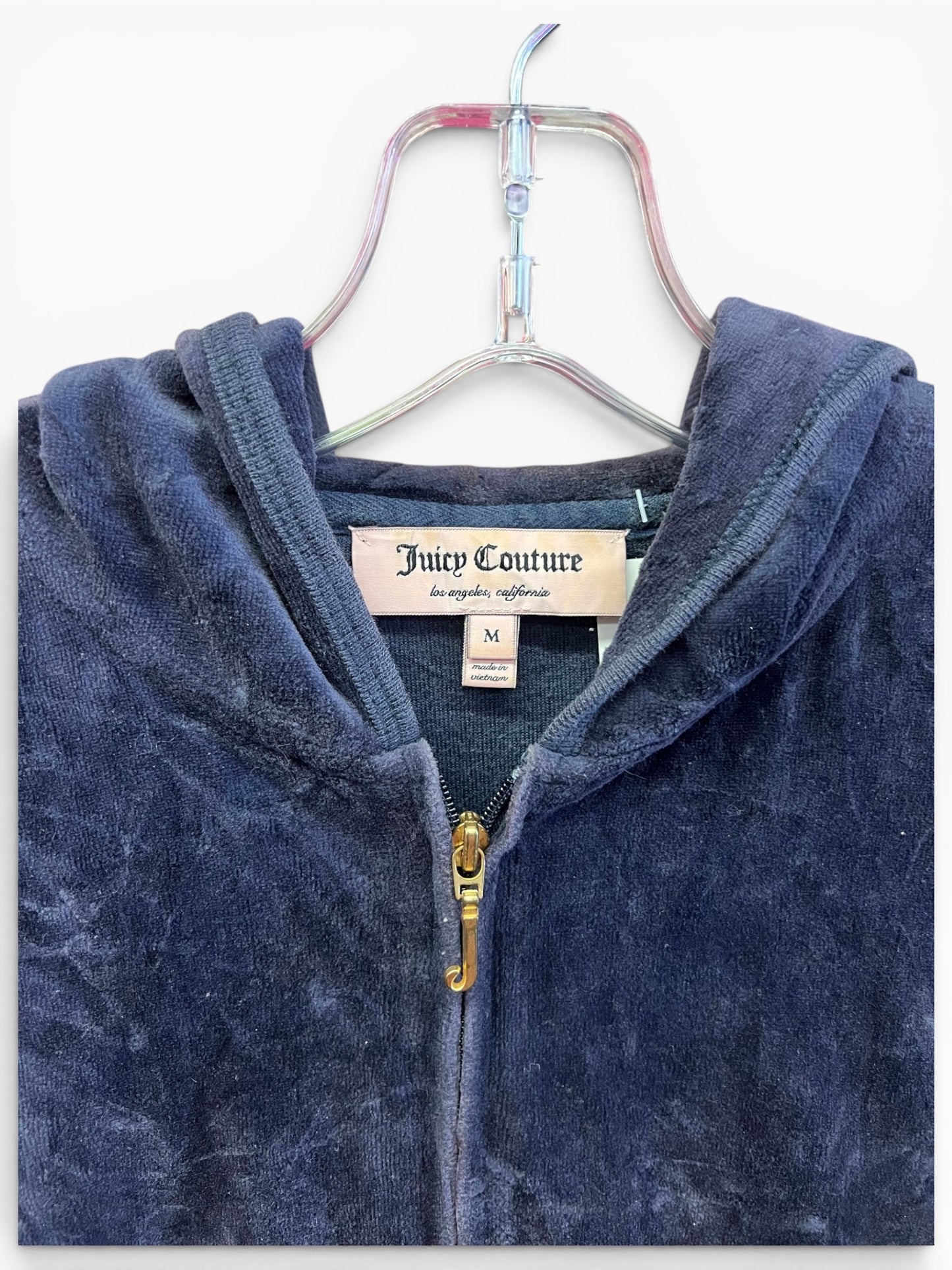 Vintage Juicy Couture Y2K Velour Zip Hoodie Navy Crest Logo Size M (SKU006)