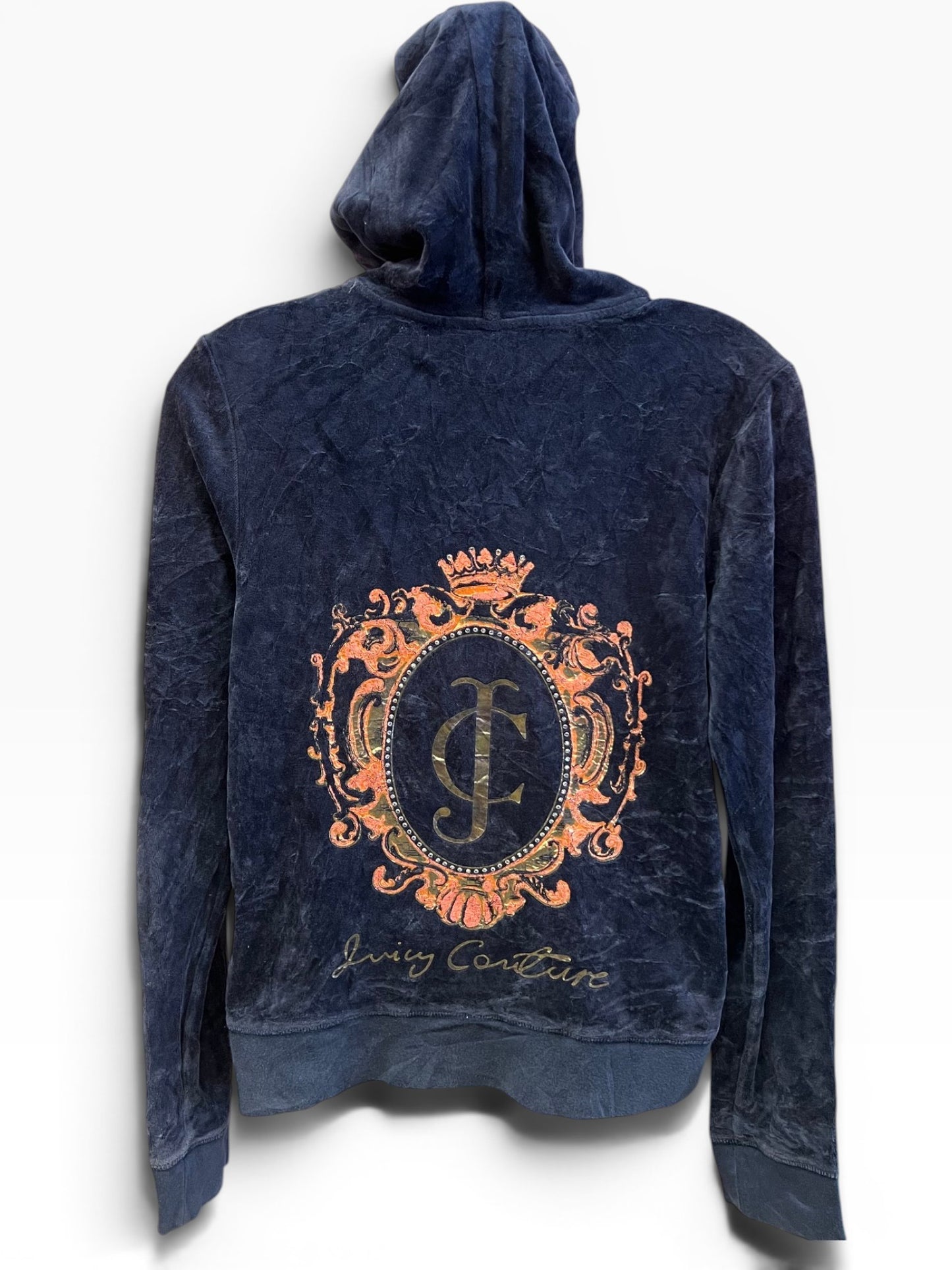 Vintage Juicy Couture Y2K Velour Zip Hoodie Navy Crest Logo Size M (SKU006)