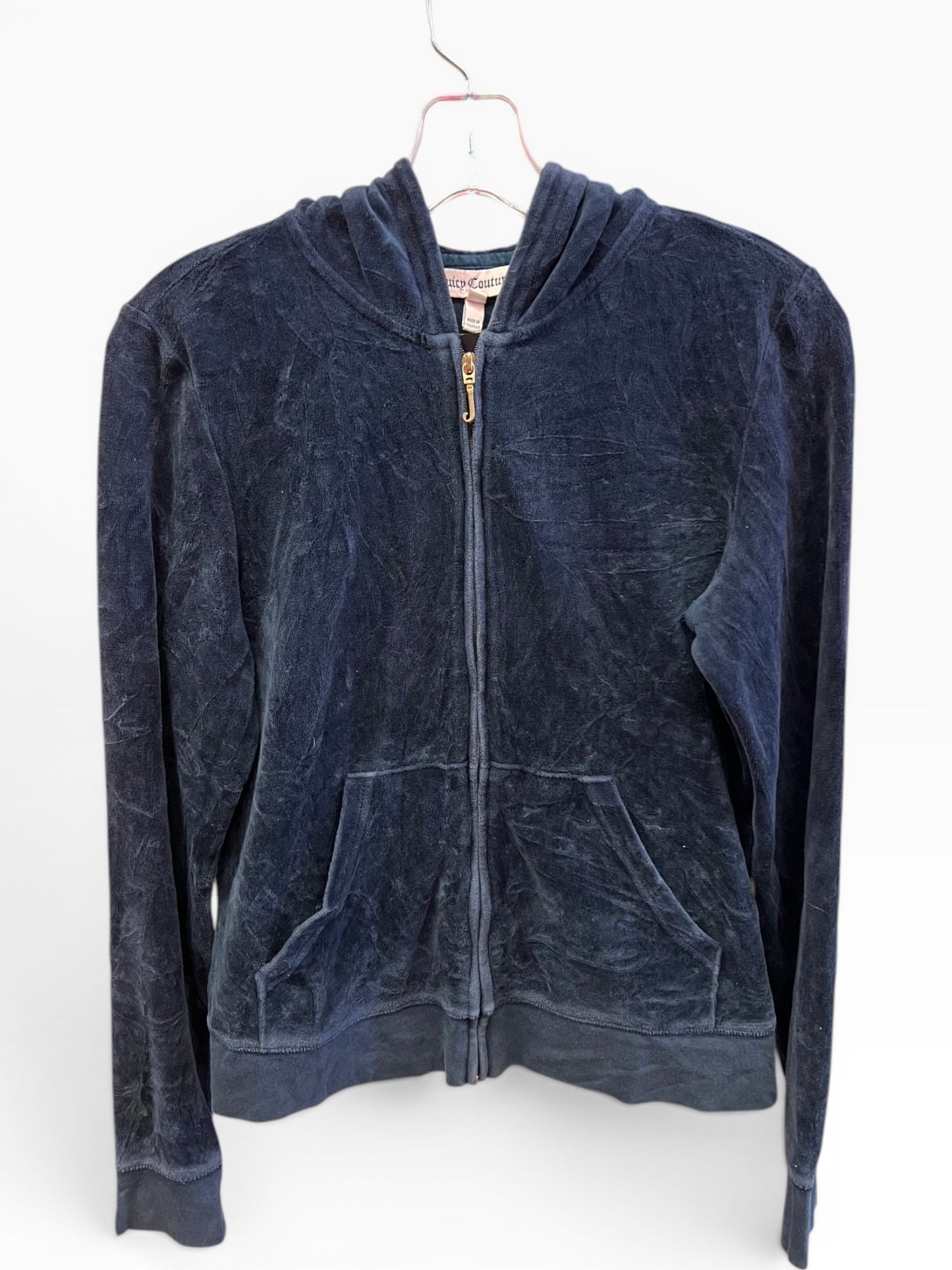 Vintage Juicy Couture Y2K Velour Zip Hoodie Navy Crown Logo Crackle Size L (SKU007)