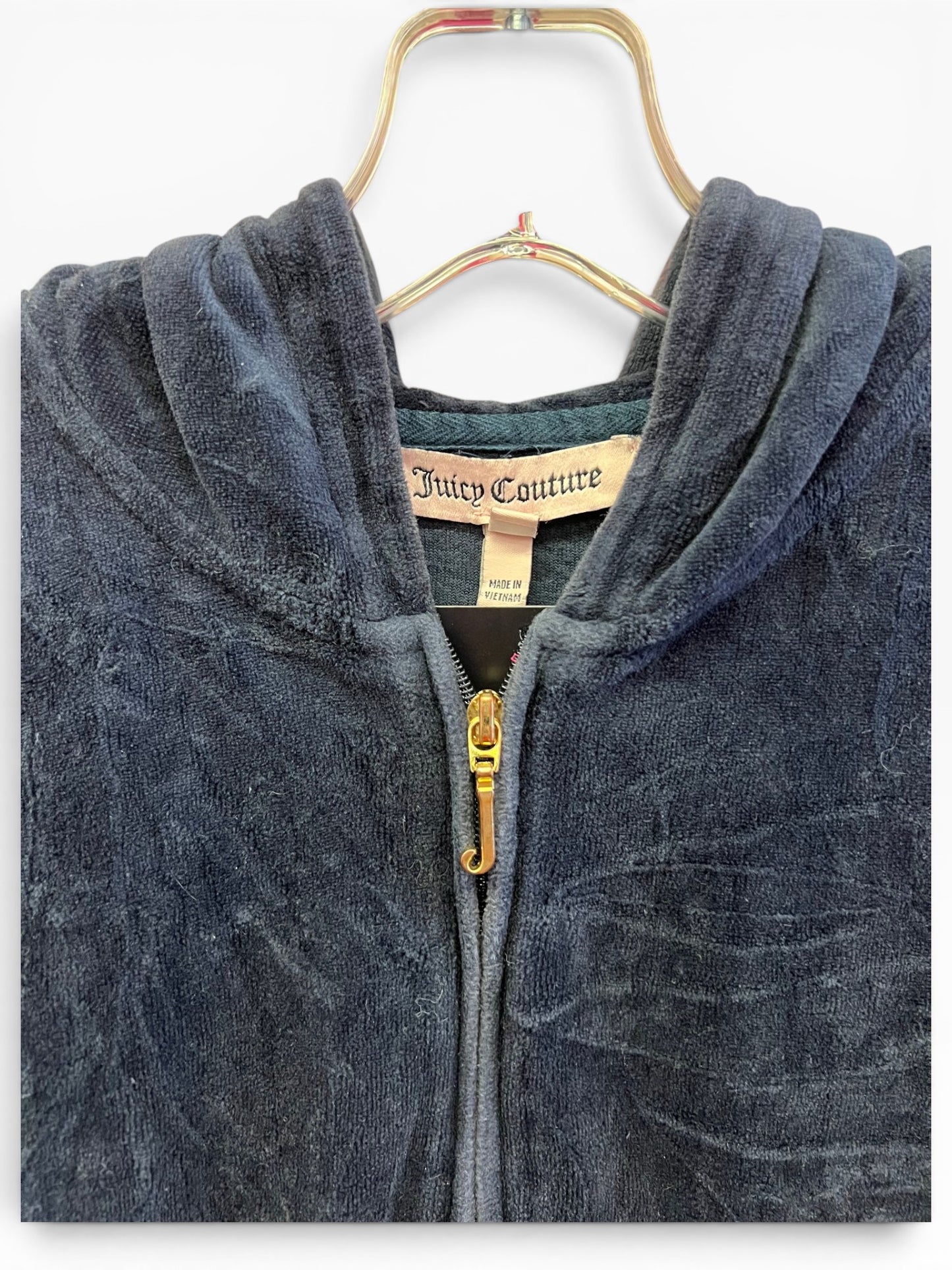 Vintage Juicy Couture Y2K Velour Zip Hoodie Navy Crown Logo Crackle Size L (SKU007)