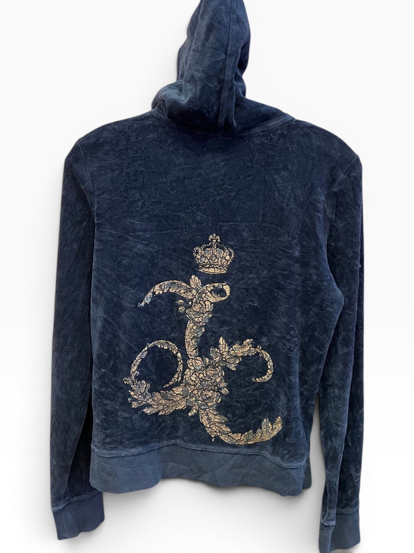 Vintage Juicy Couture Y2K Velour Zip Hoodie Navy Crown Logo Crackle Size L (SKU007)