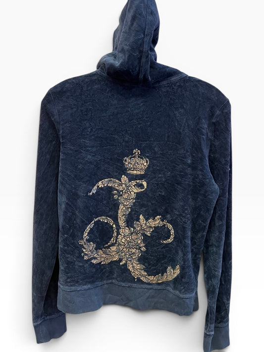 Vintage Juicy Couture Y2K Velour Zip Hoodie Navy Crown Logo Crackle Size L (SKU007)