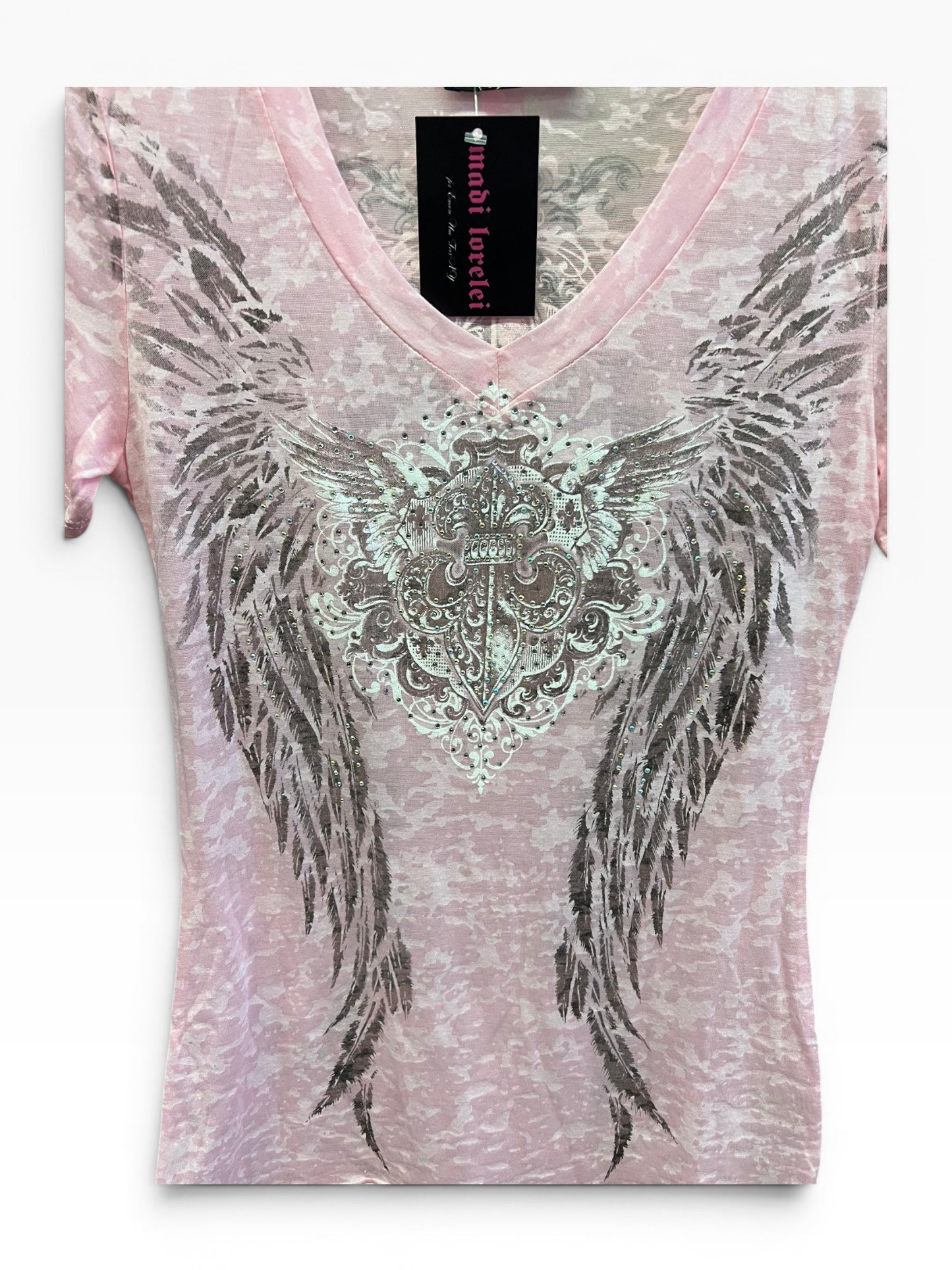Pink Burnout Fleur De Lis Angel Wing Tee