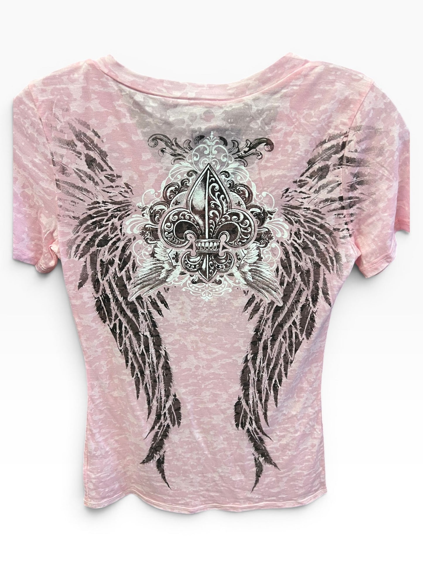 Pink Burnout Fleur De Lis Angel Wing Tee