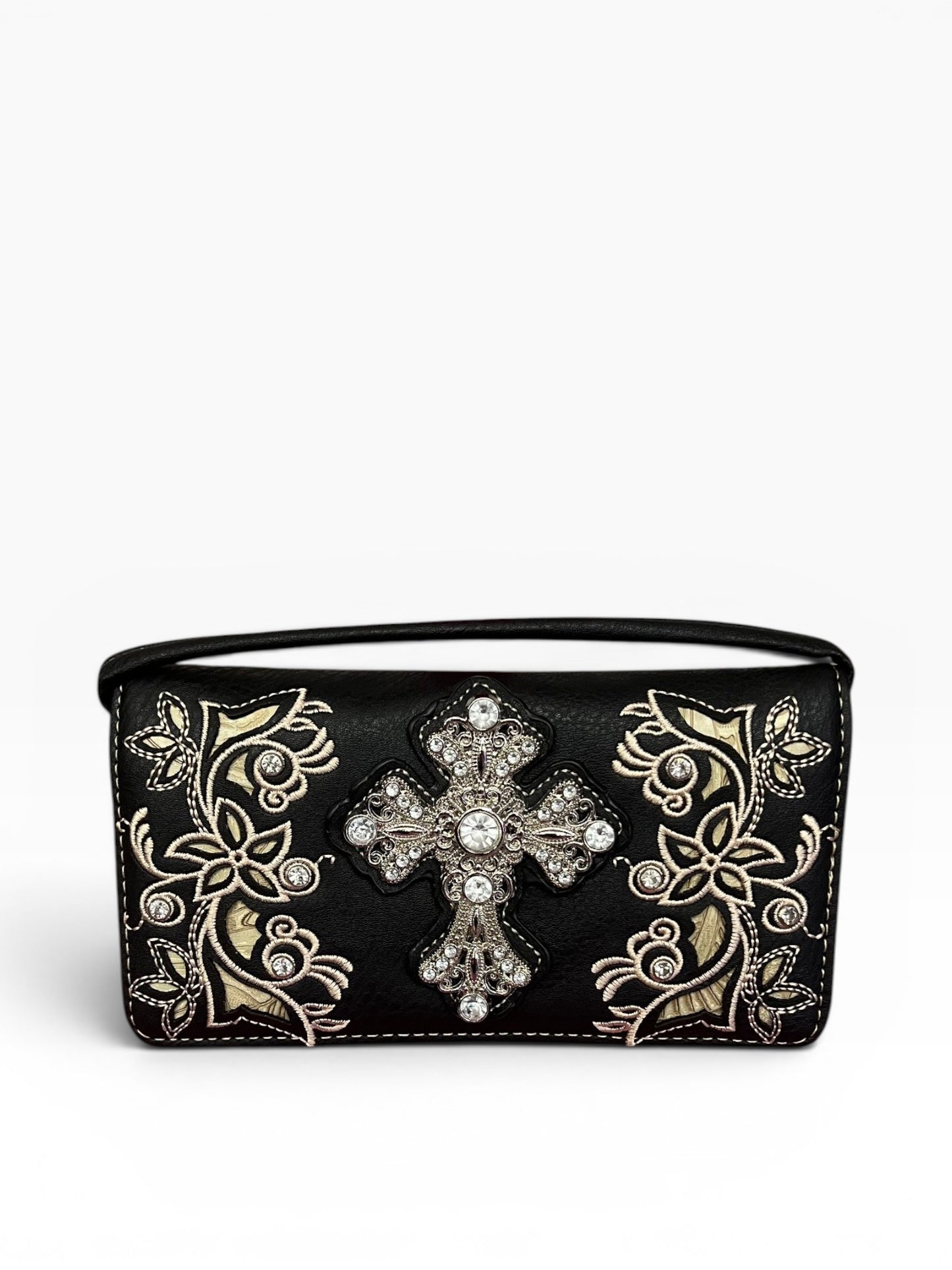 McBling Rhinestone Cross Floral Embroidered Crossbody Wallet Bag Convertible Wristlet