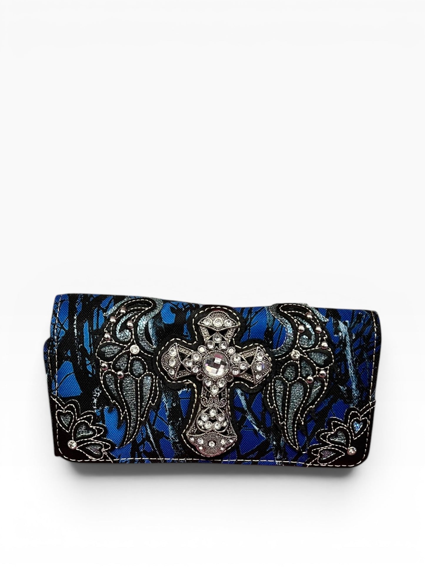 McBling Camo Rhinestone Cross Angel Wings Crossbody Wallet Bag Convertible Wristlet