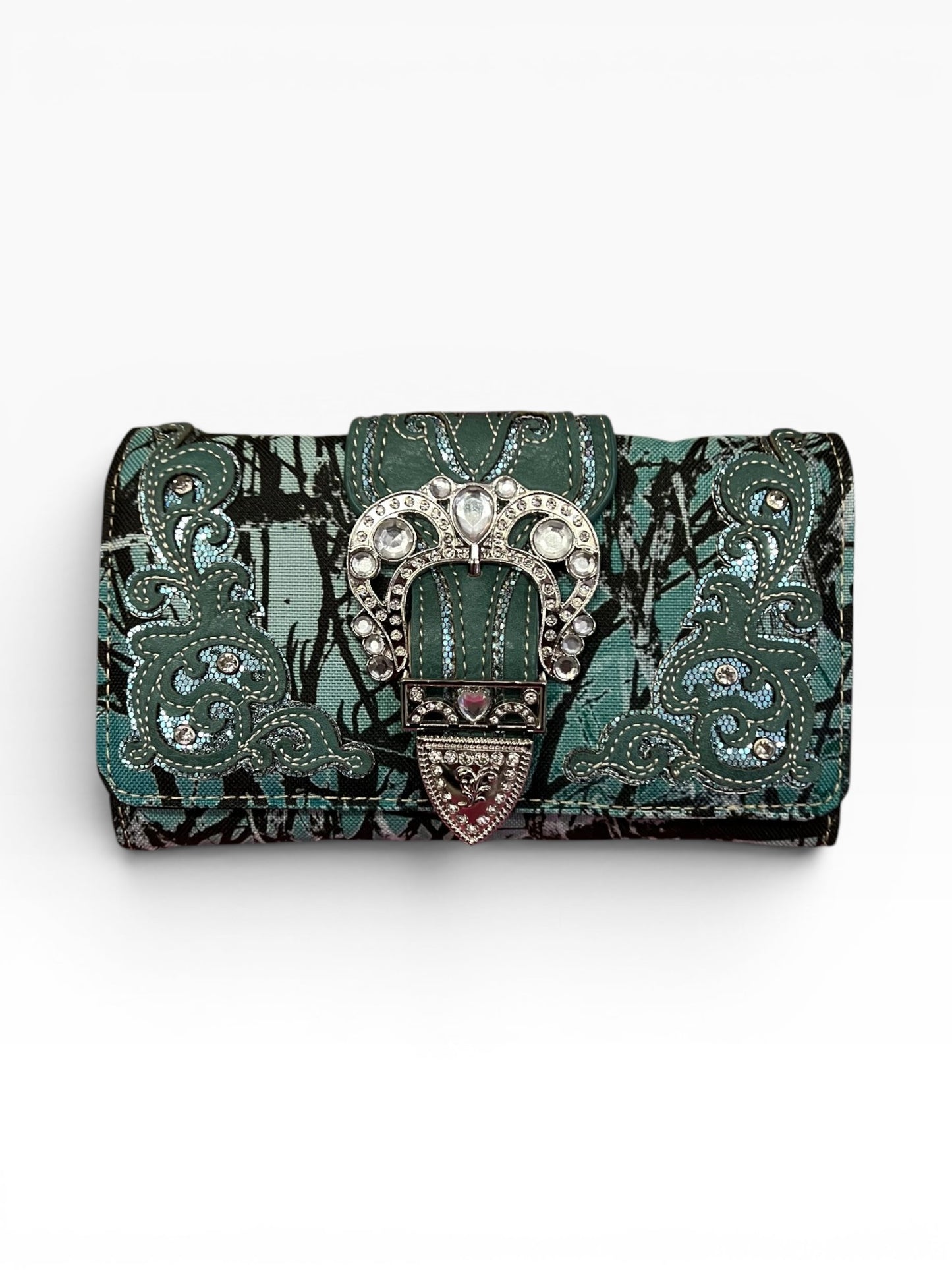 Y2K McBling Rhinestone Buckle Camouflage Crossbody Wallet – Mint Teal