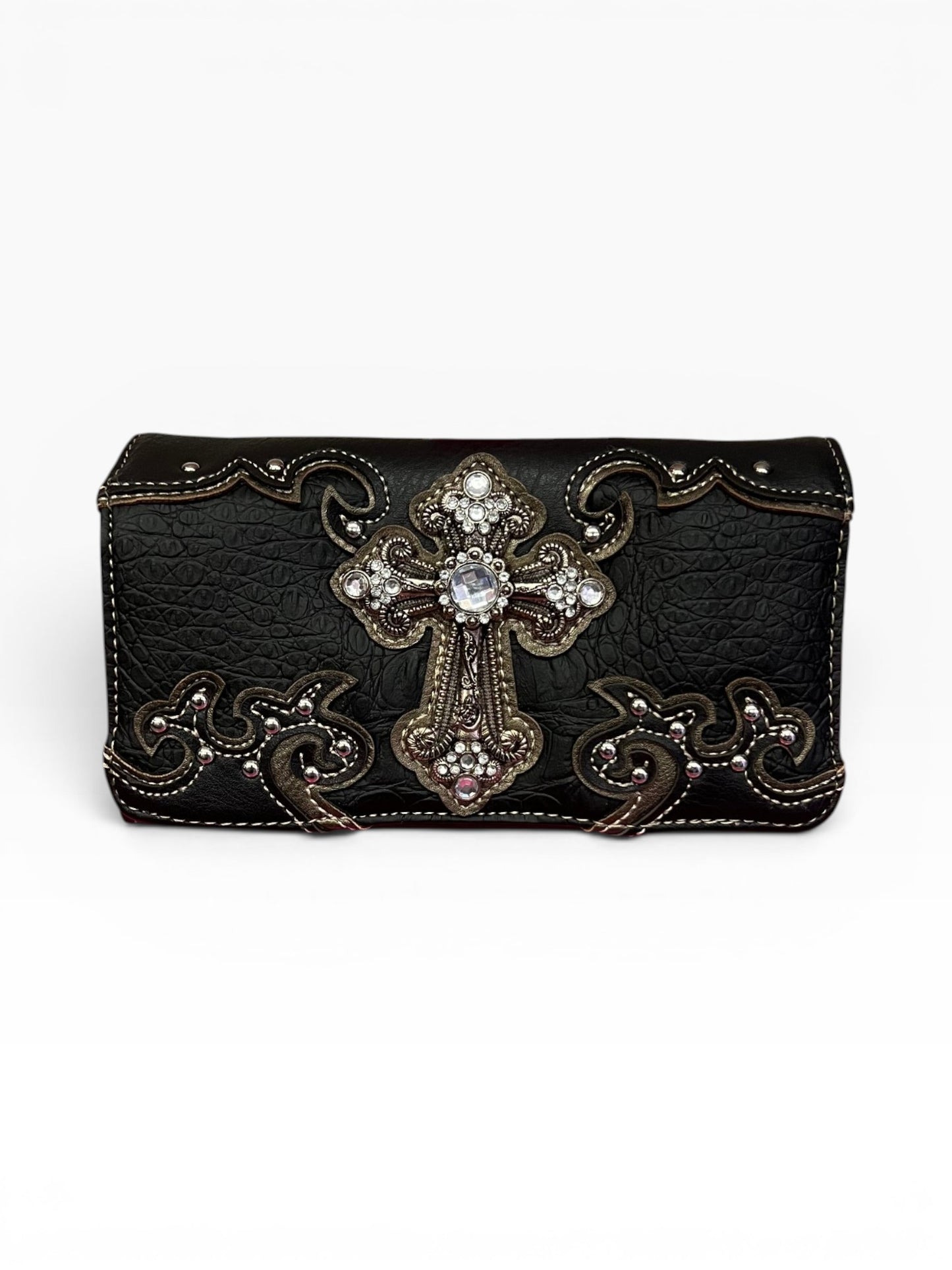 Y2K McBling Croc PU Leather Rhinestone Cross Crossbody Wallet – Black