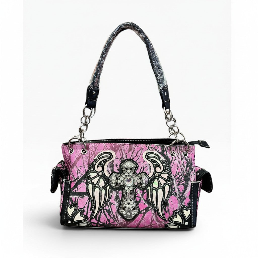 Y2K McBling Rhinestone Cross Angel Wings Camouflage Handbag – Pink