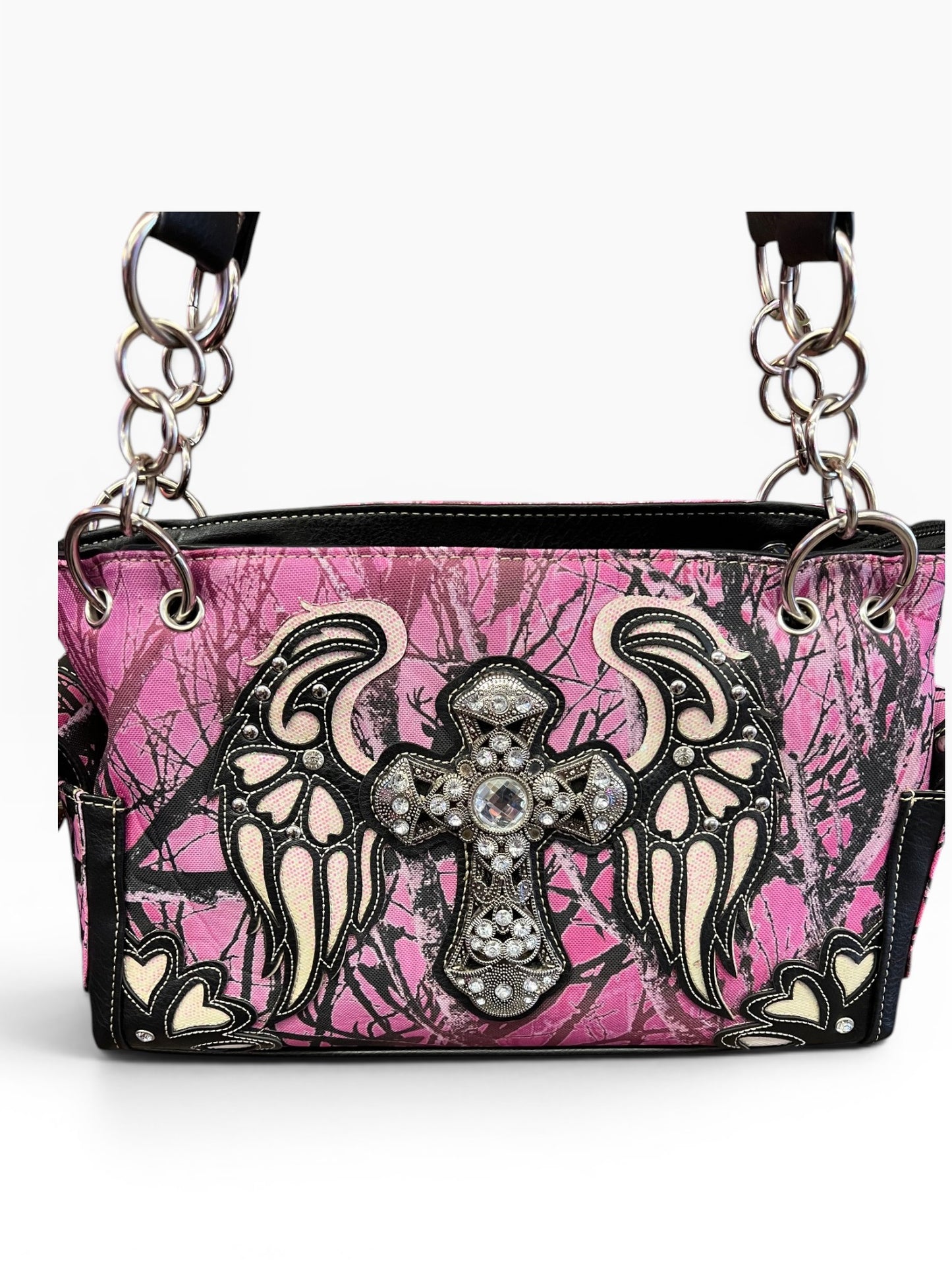 Y2K McBling Rhinestone Cross Angel Wings Camouflage Handbag – Pink