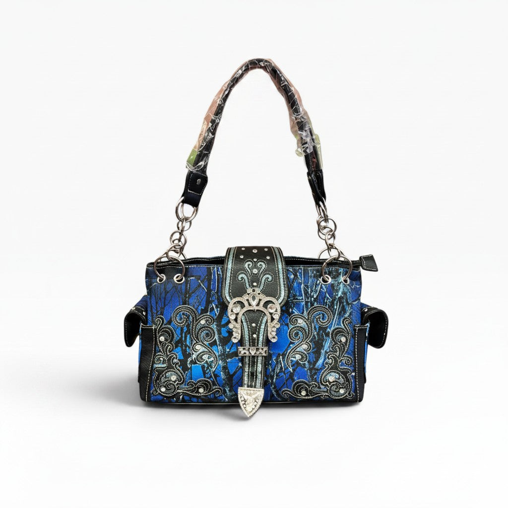 Y2K McBling Rhinestone Buckle Camouflage Handbag – Blue