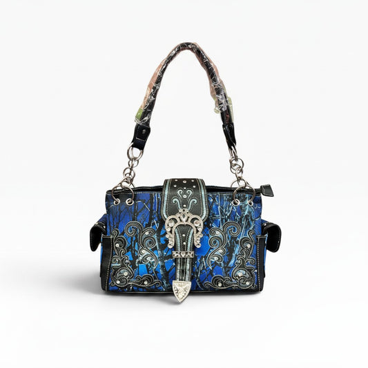 Y2K McBling Rhinestone Buckle Camouflage Handbag – Blue