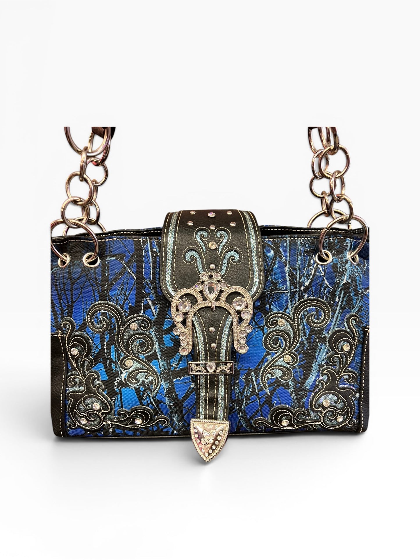 Y2K McBling Rhinestone Buckle Camouflage Handbag – Blue
