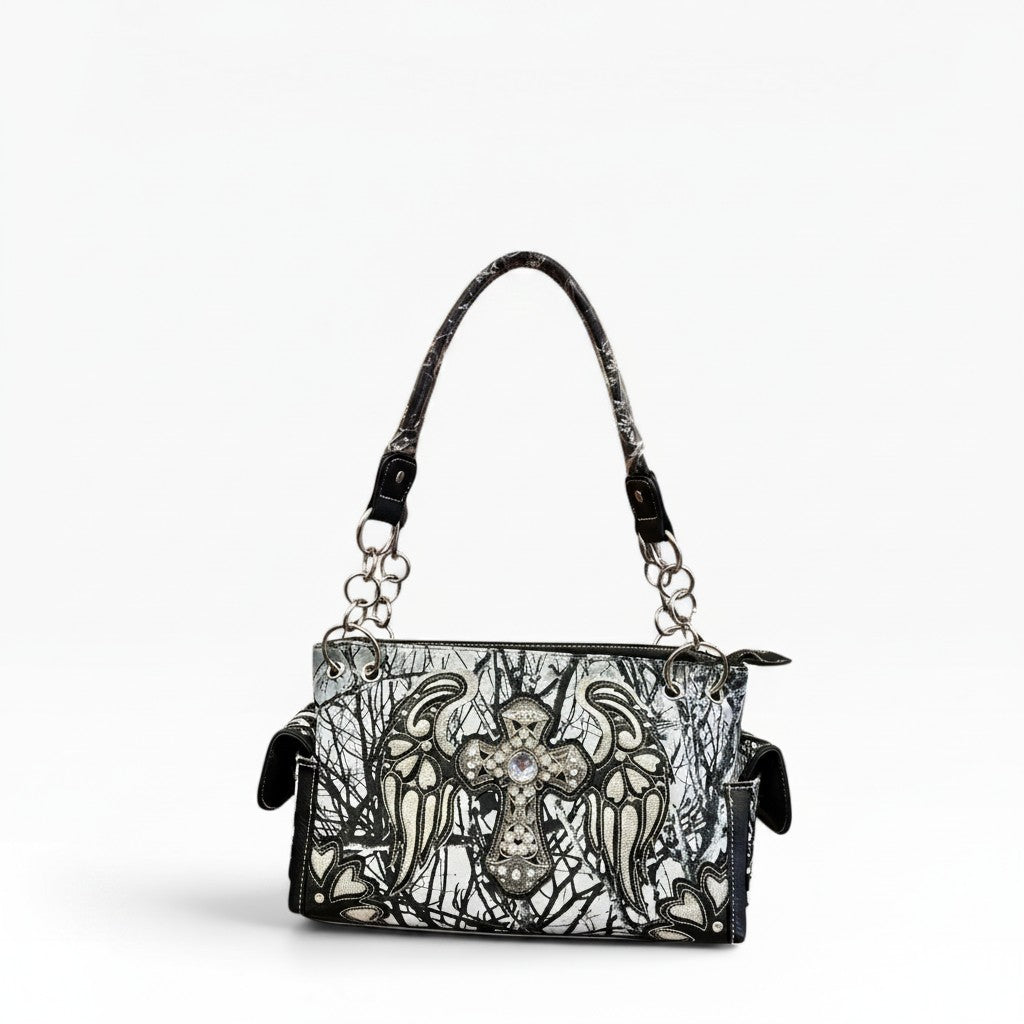 Y2K McBling Cross Angel Wings Camouflage Handbag – White Grey Black