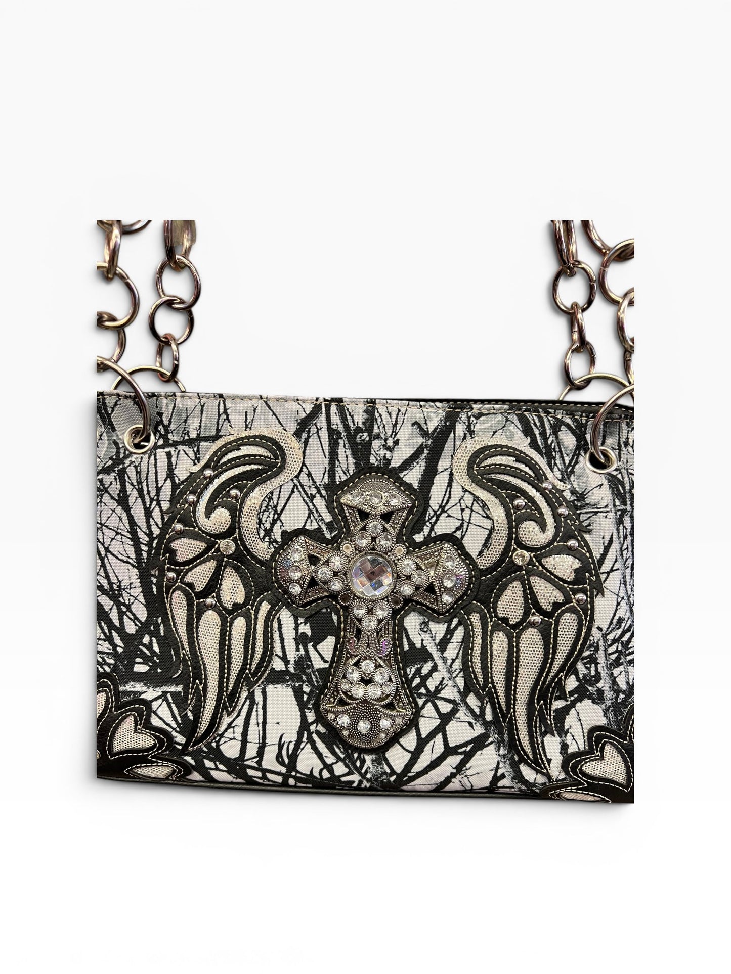 Y2K McBling Cross Angel Wings Camouflage Handbag – White Grey Black