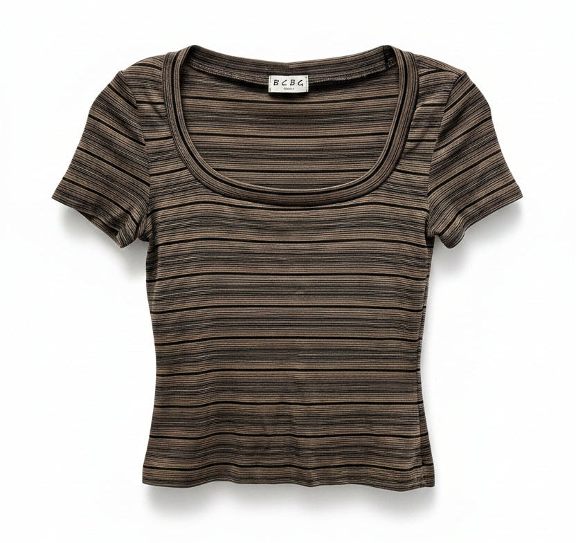 Vintage Y2K Brown Striped Fitted Baby Tee Size S