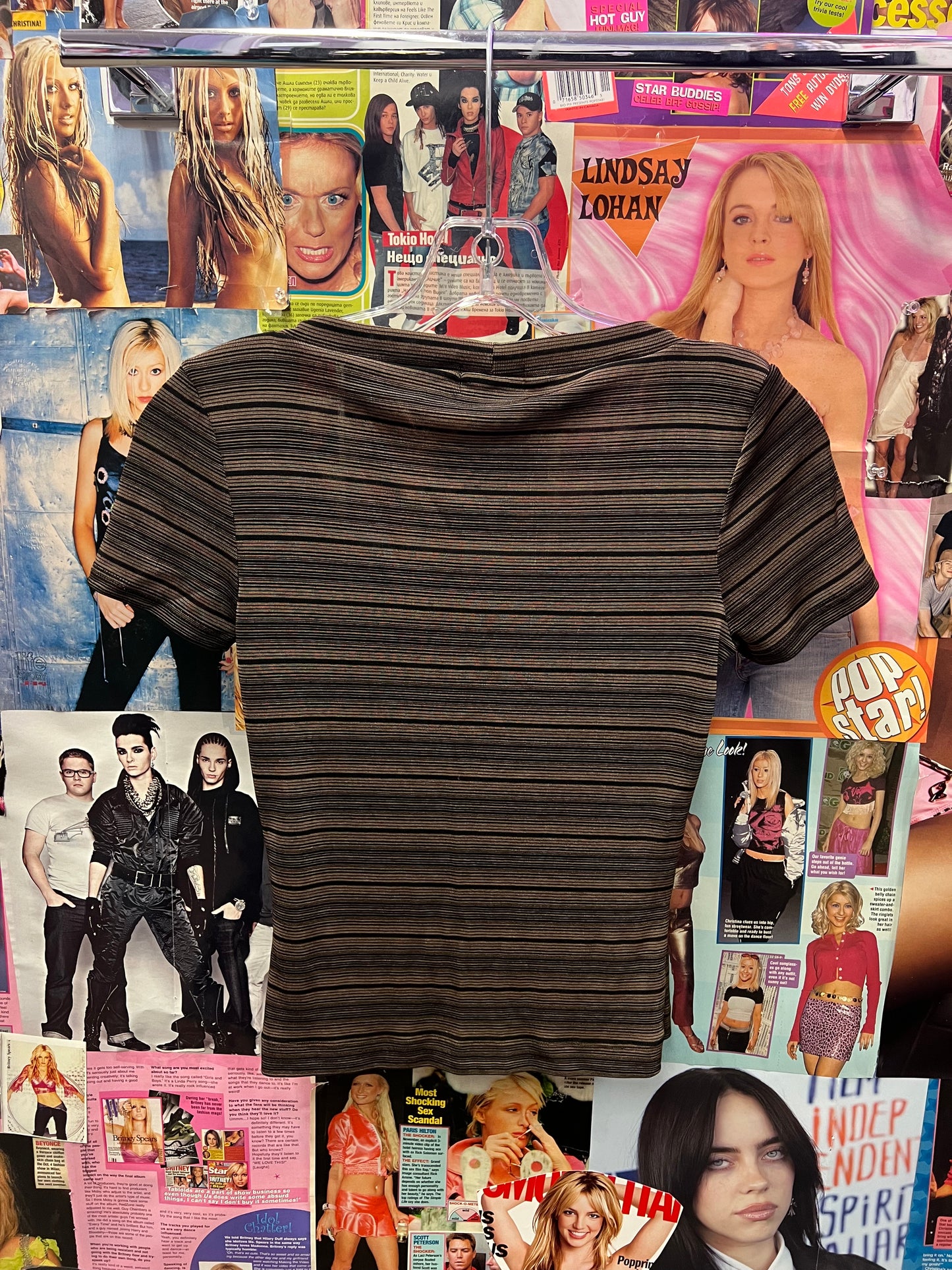 Vintage Y2K Brown Striped Fitted Baby Tee Size S