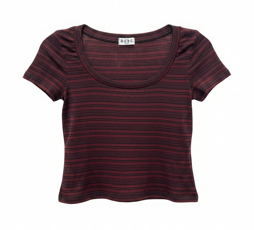 Vintage Y2K BCBG Striped Burgundy Fitted Tee Size S