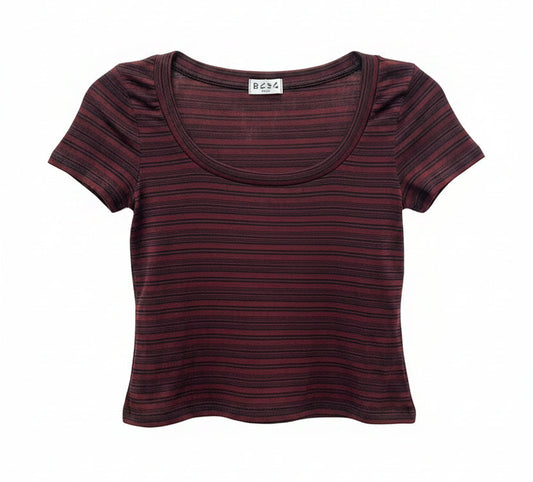 Vintage Y2K BCBG Striped Burgundy Fitted Tee Size S