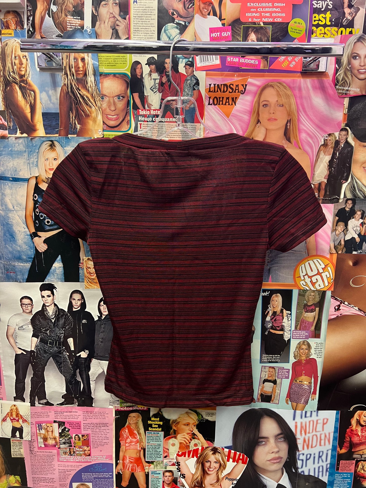 Vintage Y2K BCBG Striped Burgundy Fitted Tee Size S