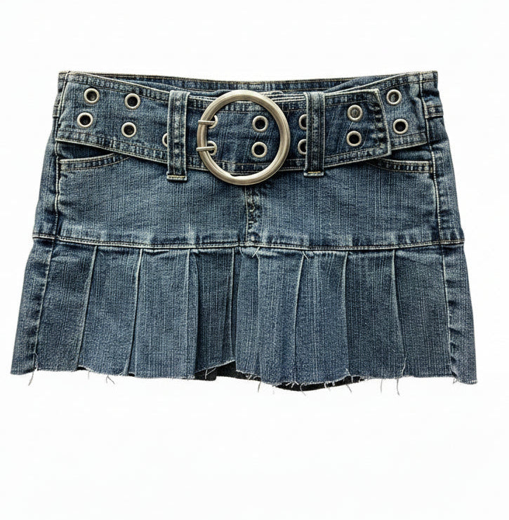 Vintage Y2K Pleated Belted Denim Mini Skirt Size 0