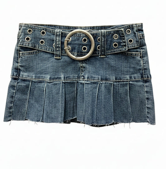 Vintage Y2K Pleated Belted Denim Mini Skirt Size 0