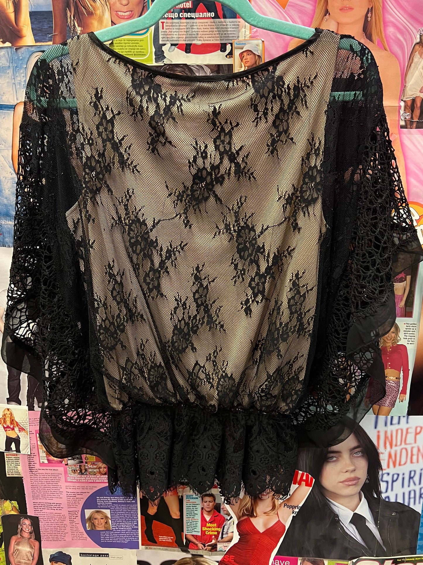 Vintage Y2K Black Lace Sheer Batwing Top Size Small