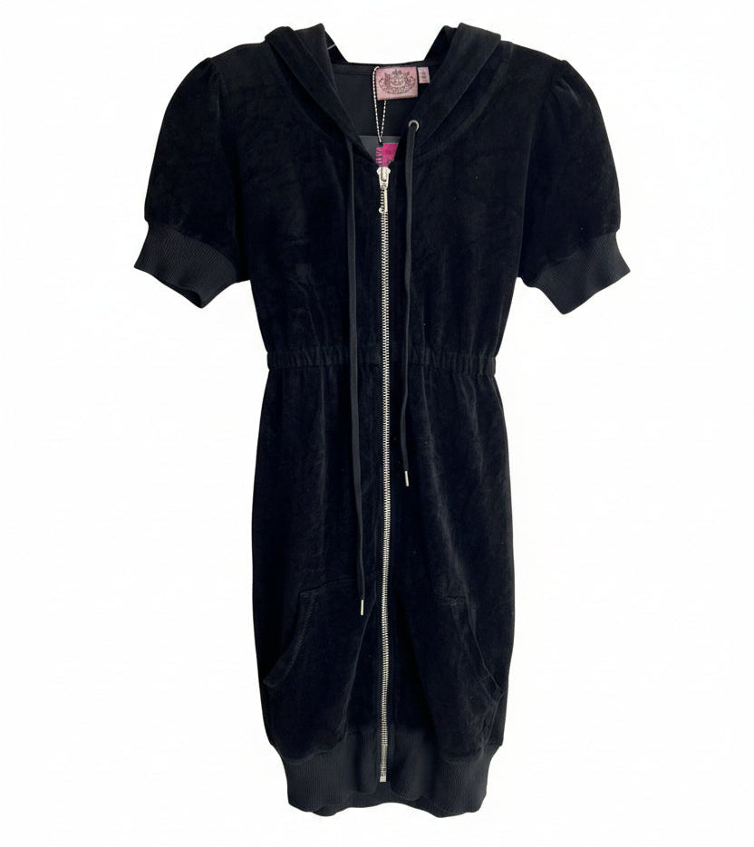 Vintage Y2K Juicy Couture Black Velour Hoodie Dress Size S