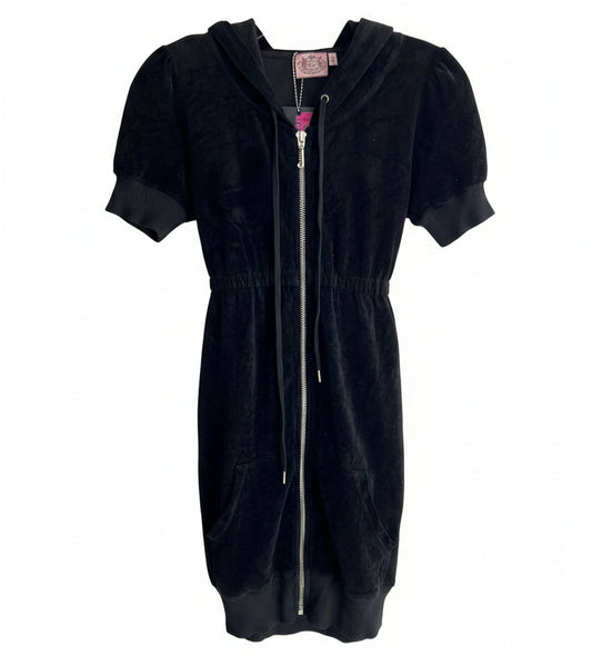 Vintage Y2K Juicy Couture Black Velour Hoodie Dress Size S