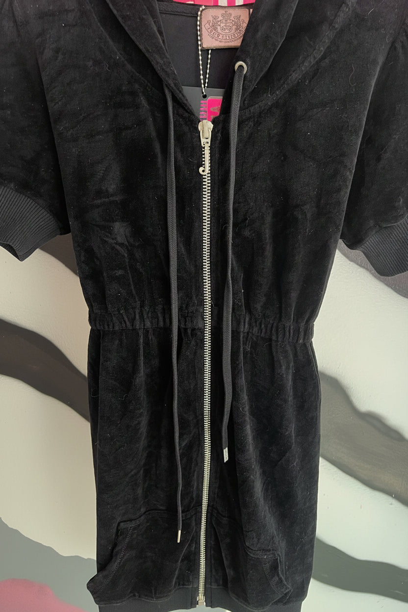 Vintage Y2K Juicy Couture Black Velour Hoodie Dress Size S