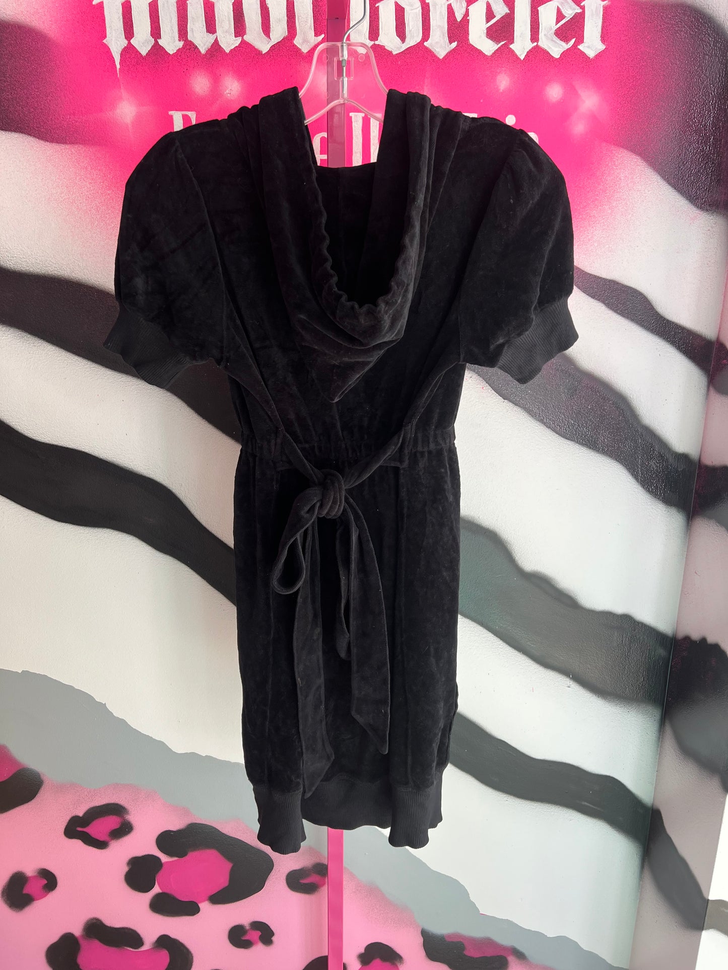 Vintage Y2K Juicy Couture Black Velour Hoodie Dress Size S