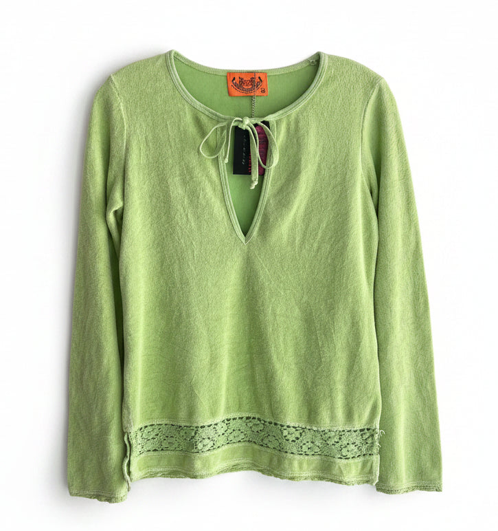 Vintage Y2K Juicy Couture Lime Lace Trim Long Sleeve Top Size S