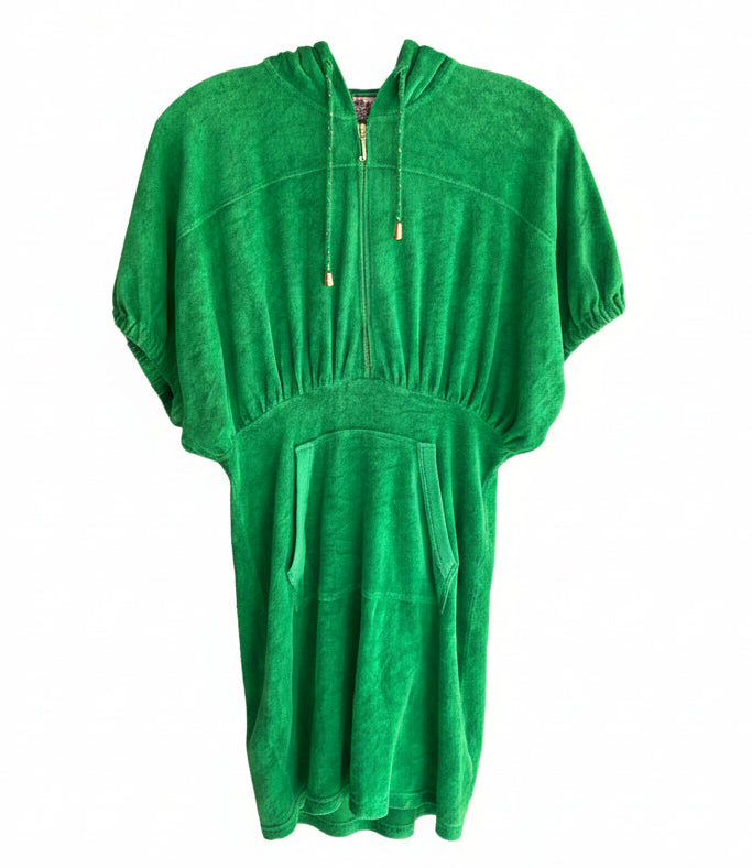 Vintage Y2K Juicy Couture Green Velour Hooded Tunic Dress Size Petite