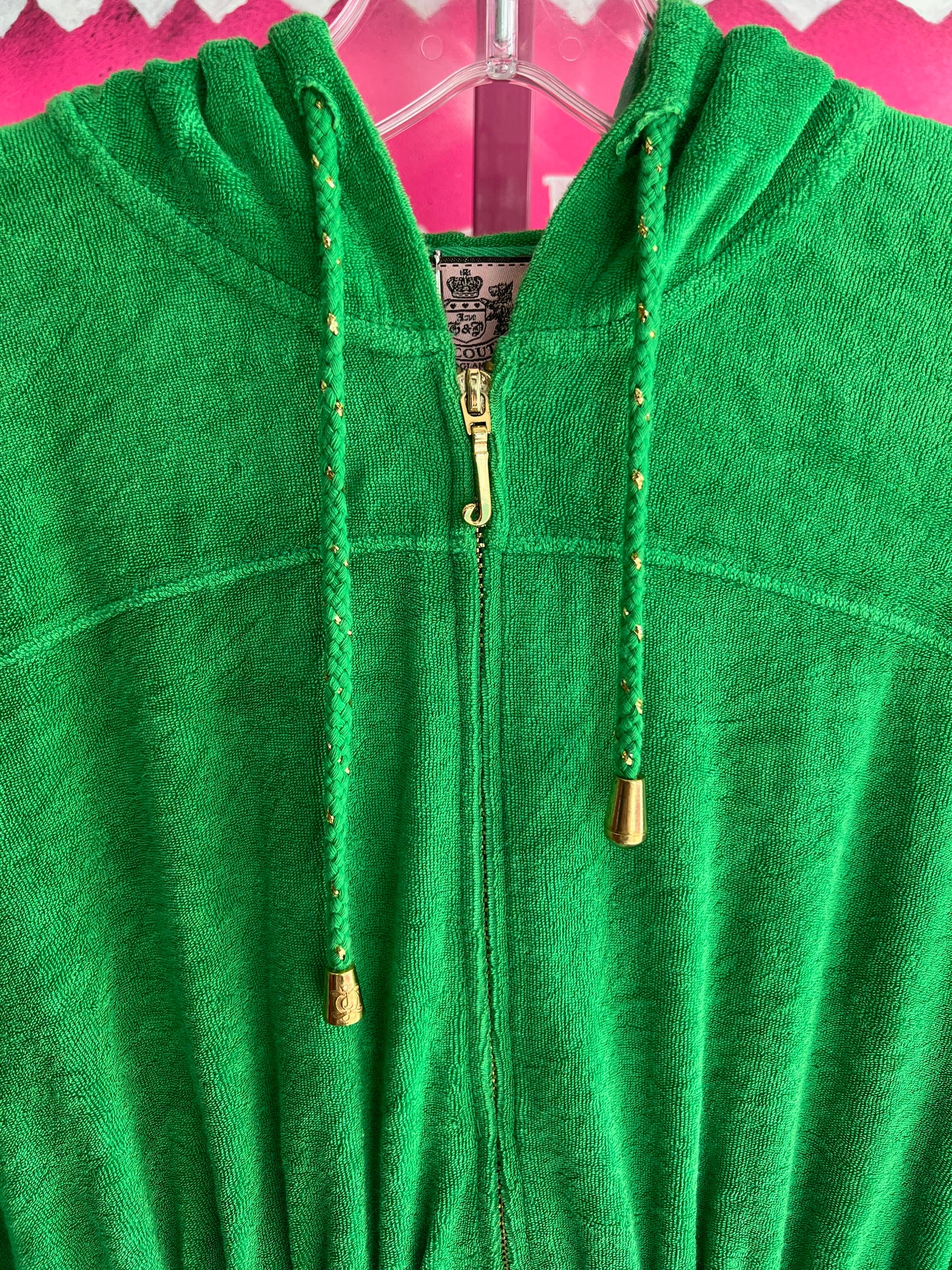 Vintage Y2K Juicy Couture Green Velour Hooded Tunic Dress Size Petite