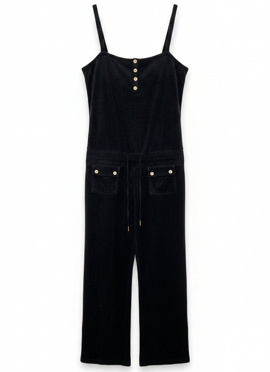 Vintage Y2K Juicy Couture Black Velour Romper Jumpsuit Size L