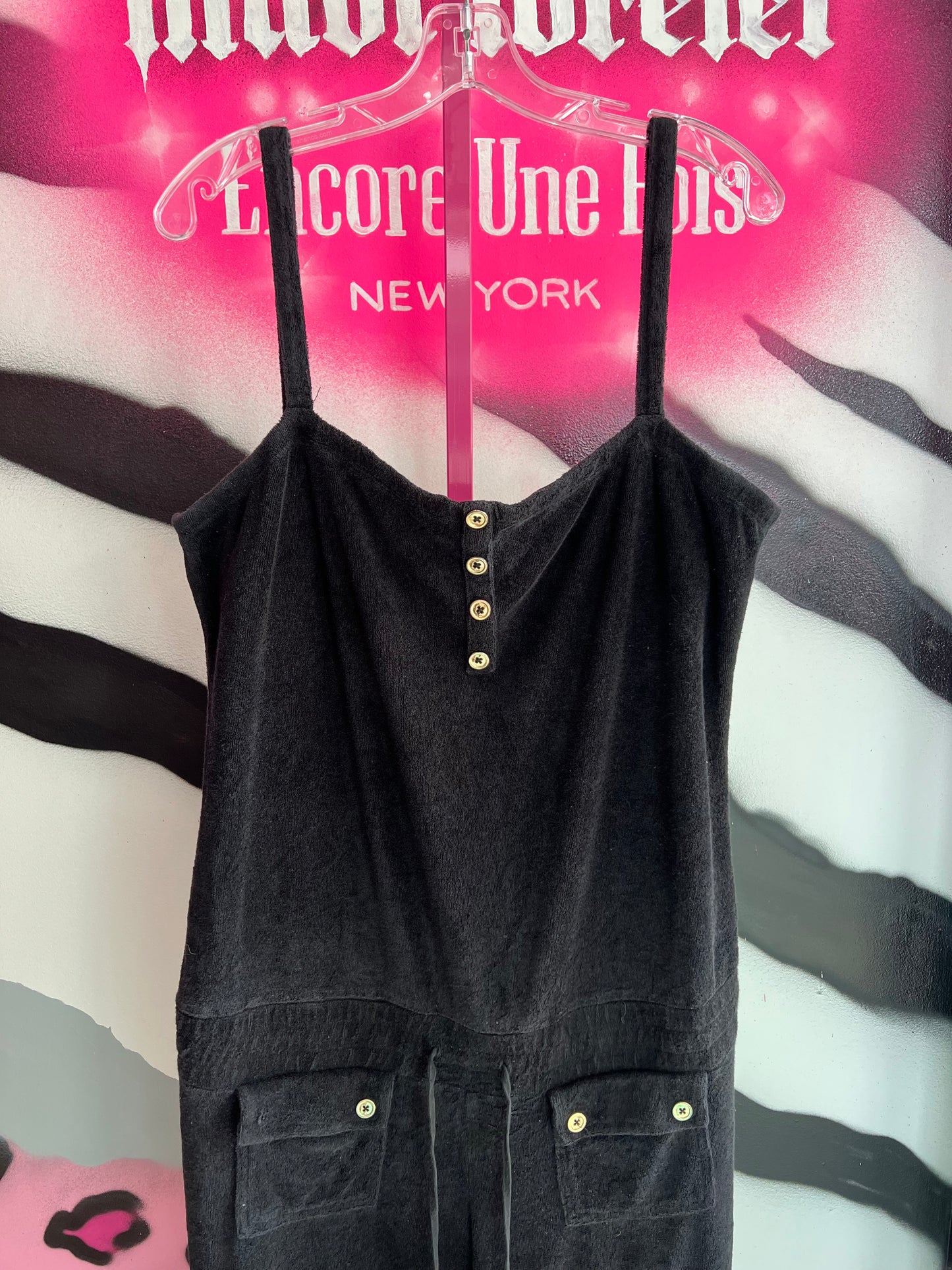 Vintage Y2K Juicy Couture Black Velour Romper Jumpsuit Size L