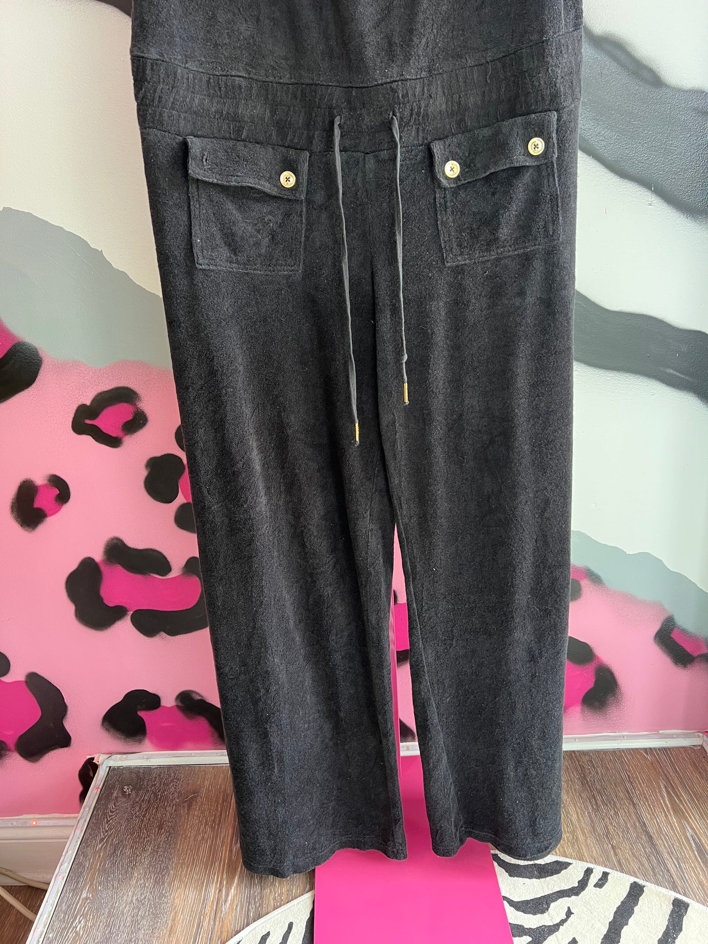 Vintage Y2K Juicy Couture Black Velour Romper Jumpsuit Size L