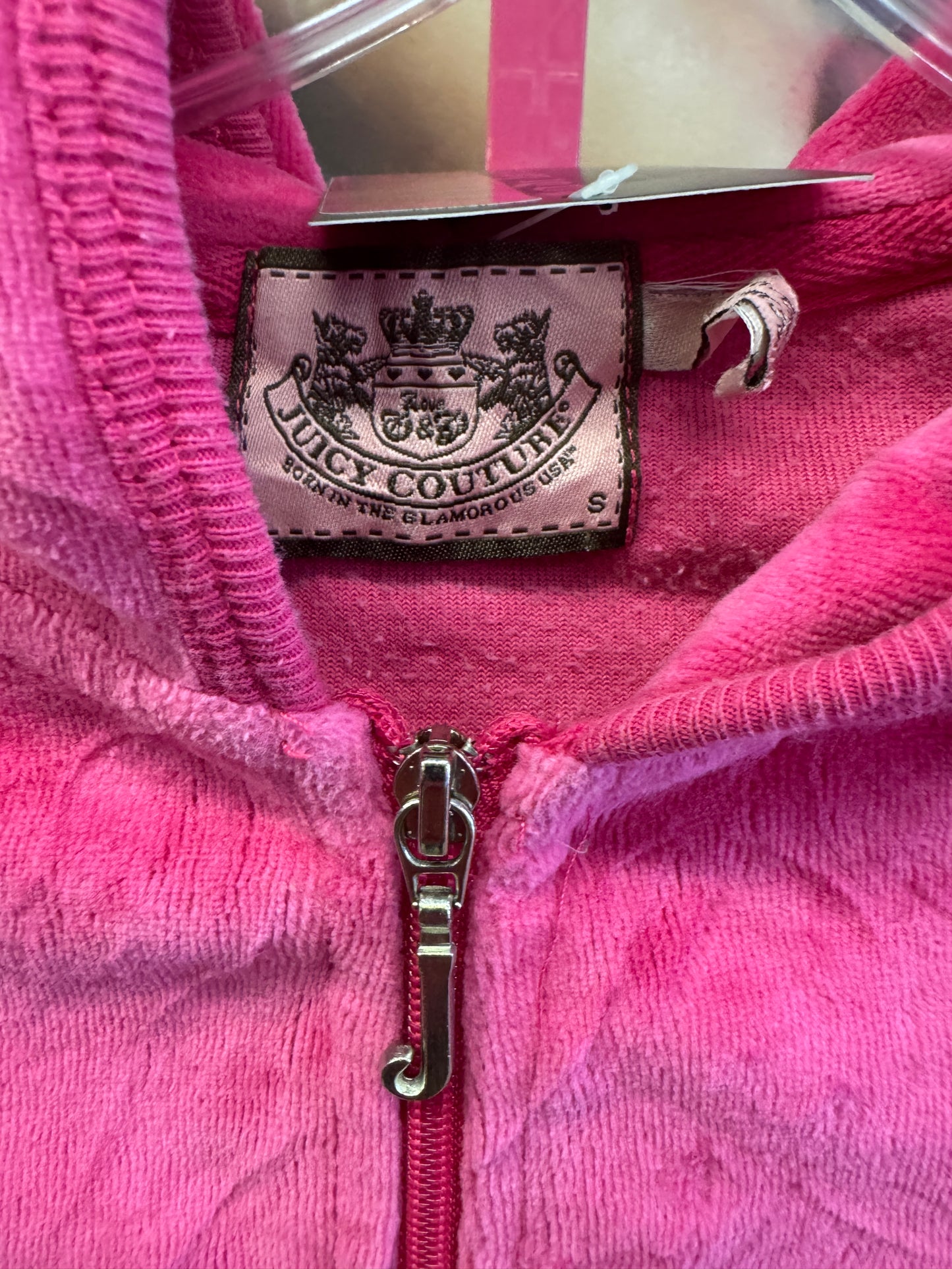 Vintage Juicy Couture Y2K Velour Zip Hoodie Pink Heart Logo Size S (SKU011)
