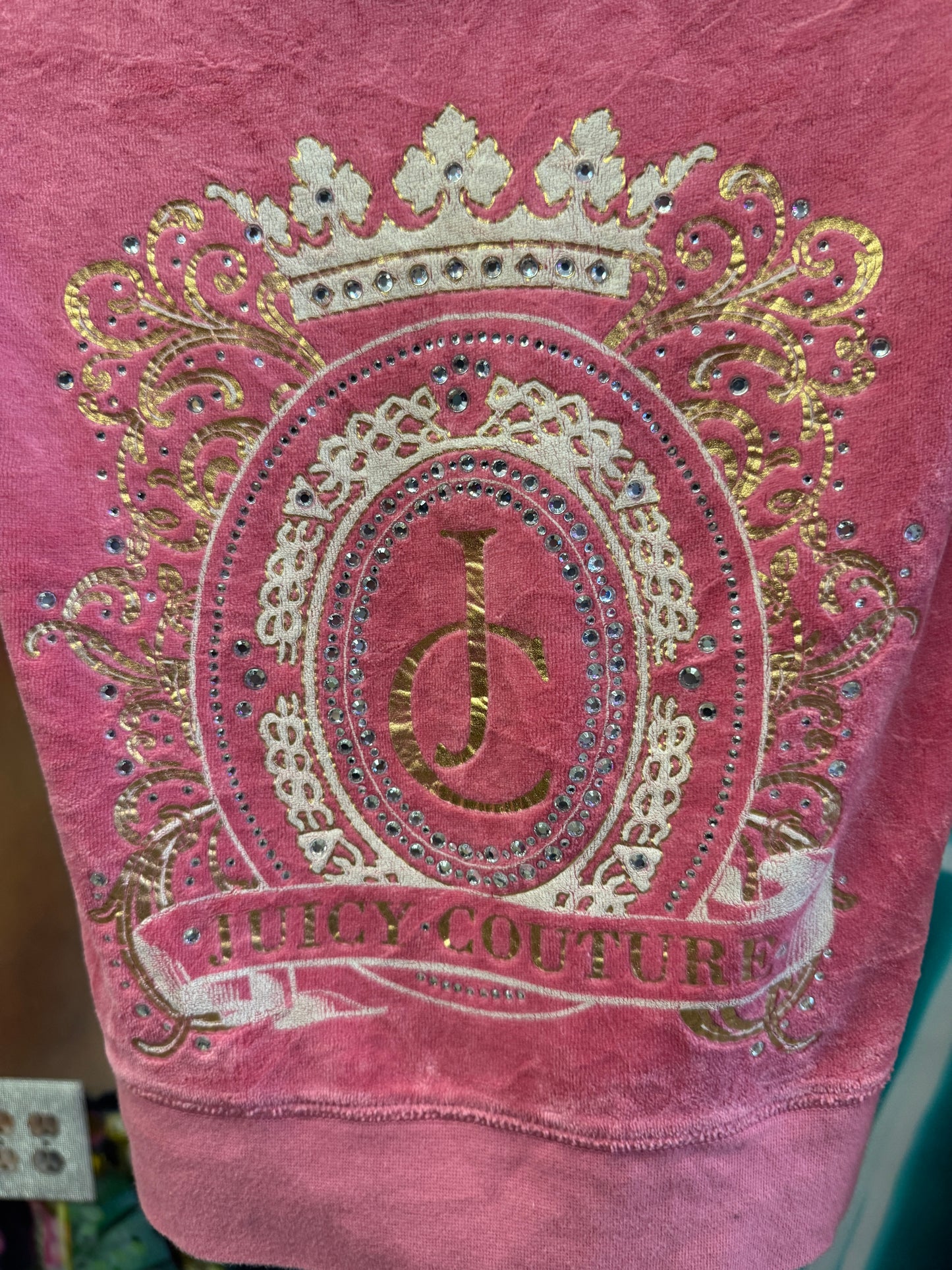 Vintage Juicy Couture Y2K Velour Zip Hoodie Pink Crest Logo Size XS (SKU010)