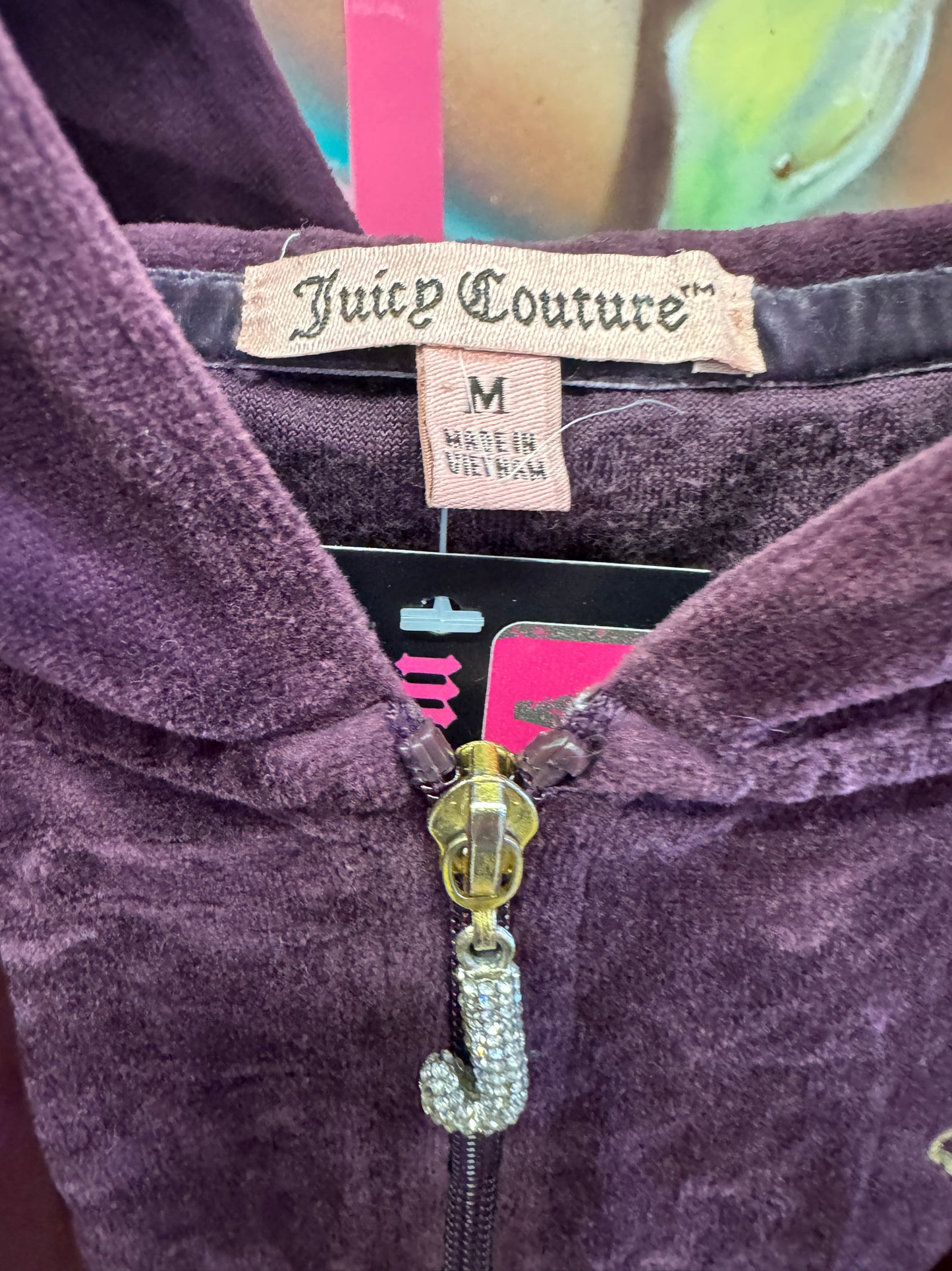 Vintage Juicy Couture Y2K Velour Zip Hoodie Purple Crown Logo Size M (SKU016)
